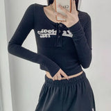 Vintage Letter Print Crop Tops Grunge Ribbed T-shirts Sexy Slim Long Sleeve Tee Shirt Women Korean Fashion