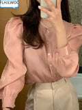 2022 Spring French Style Semitransparent Bling Tops Cute Girls Office Lady Single Breasted Button Shirts Pink Chic Korea