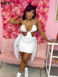 Kliou Tassel Hollow Out Mini Dress Women Sexy Halter Sleeveless Cleavage Backless Lace Up Sheath Skirt Party Clubwear Lady