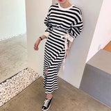 Korean Tunic Women Maxi Dress Spring High Waist Lace Up Fashion Long Sleeve Striped Streetwear O Neck Female Party