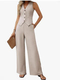 Women's Summer Two Sets Of Buttons And Two Sets Of Short Vests And Wide-Legged