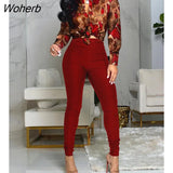 Women 2 Pieces Plain Print Buttoned Shirt & Plaid Print Pants Set 2022 Femme Knot Front Overalls Office Lady Outfit Traf-Outfit