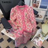 Spring Elegant Vintage Knitting 2 Piece Set Women Long Sleeve V-neck Cardigan + A-line Skirt Retro Two Piece Skirt Set-Outfit
