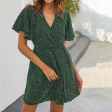 hirigin Women Vintage Ruffles Sleeve Dresses Summer Polka Dot Printed V-Neck Sexy Mini Dress Ladies Casual Beach Party