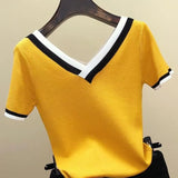 Color Striped Knitted 2021 Summer Top Shirt Woman Clothes V-Neck Short Sleeve Shirt Women Femme Camisetas Mujer