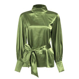 Satin Blouse WomenFashion Tunics Tops 2022 Autumn Elegant Bow Tie Lantern Sleeve Belted Shirt Casual Slik Party
