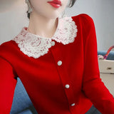 Winter Lace Patchwork Doll Collar Sweet Knitting Cardigan Lady Elegant Fashion All-match Buttons Sweater Top Women Coat-Outfit