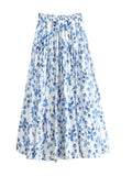 Spring Summer Women High-waisted Blue Floral Printed Skirts Cotton Linen Casual Midi Skirt QT1716-Outfit