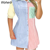 Women Shirts Patchwork Dress Summer Fashion Casual Print Button Pocket Colorblock Shirt Mini Dress Women-Outfit