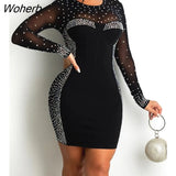 Women Rhinestone Sheer Mesh Bodycon Mini Dress 2022 Femme Long Sleeve Transparent Skinny Party Robe Sexy Lady Club Clothing traf-Outfit