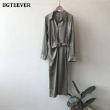 Fashion Turn-down Collar Women Satin Mid-length Dress Casual Loose Irregular Belted Female Dress 2022 Spring-Outfit