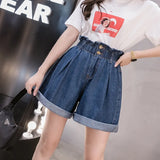 Plus Size Women Denim Shorts Elastic High Waist Loose Korean Short Jeans Fashion Casual Button Blue Wide Leg Shorts
