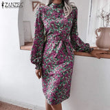 Floral Printed Dress 2022 ZANZEA Women Autumn Long Lantern Sleeve Elegant Stand Collar Sundress Casual Midi