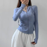 Street Style Zipper Up Slim Crop Tops Women Autumn New Thin Hooded Jacket Woman Korean Pocket Long Sleeve Shirt Mujer-Outfit
