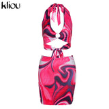 Kliou Tie Dry Two Piece Set Women 2021 Sexy Halter Sequined Beachwear Cleavage Crop Top+Mini Skirt Suit Female платье
