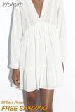 2023 Women Summer Mini Dress Vintage Solid Embroidery V-Neck Long Sleeve Female Elegant Street Lining Dresses Clothing-Outfit