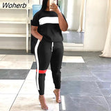 Striped Side Patchwork Jogger Pants Set for Women 2023 Summer T-shirt Matching Two 2 Piece Set Outfits Casual Tracksuit-Outfit
