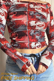 Graphic Print Green Mesh Sheer T-shirt Long Flare Sleeve Slim Crop Tops Sexy See Trough Women Tops Y2K Vintage Grunge-Outfit
