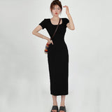 2024 Summer Bodycon Long Dress Women Korean Style Mid-Length Short Sleeve Dresses Woman Solid Streetwear Slim Vestidos-Outfit
