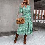 Women Floral Print V Neck Side Slit Party Dress Spring Autumn Long Sleeve Elegant Ladies Sexy Elastic Waist Slim Dress