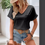 Women's Satin Satin V-Collar Pocket T-Shirt Curling Short-Sleeved Loose Casual Blouse-Outfit