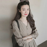 Women Ankle-length Tunic Bandage Solid Elegant Street BF Style Feminino Hipster Hot Sale Ulzzang Vacation V-neck Simple-Outfit