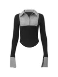 Vintage Stripe Splice Polo Neck Long Sleeve