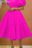 A-line Midi Dress African Dresses for Women 2023 Daily Elegant High Waist Puff Sleeve V-neck Robe Femme African Clothes-Outfit