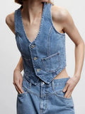 2023 Women Summer Denim Vests Coats Fashion Solid Pockets Buttons V-Neck Female Elegant Street Waistcoat Vest Clothing-Outfit