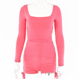 Slinky Long Sleeve Playsuit Women 2021 Fall Ruched Backless Sexy Rompers Female Square Collar Sport Biker Shorts