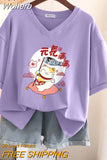 100% Cotton M-6XL T Shirt Japanese Cartoon Anime Tshirt Short Sleeve Women's Top Summer Couple V Neck Oversized T Shirts-Outfit