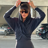 Woherb New Fashion Long Sleeve Cross Strap Design Sense Hood Crop Slim Top T-Shirt Women-Outfit