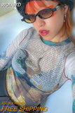Graphic Print Green Mesh Sheer T-shirt Long Flare Sleeve Slim Crop Tops Sexy See Trough Women Tops Y2K Vintage Grunge-Outfit