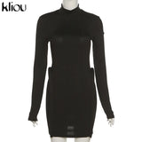 Kliou Knitted Stitching Mini Dress Women Hipster Skinny Three-Dimensional Decoration Bodycon Long Sleeve Turtleneck