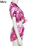 Kliou Camouflage Print Two Piece Set Women Summer Hot Beach Notched Sexy Cleavage Female Tops+Casual Lace Up Silky Skinny
