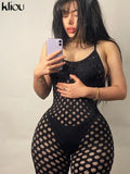 Kliou Hollow Out See Through Jumpsuit For Women Solid Sexy Sling Skinny Cleavage Net Plaid Hole Stunning Midnight Club