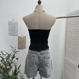 Sexy Water Wash Denim Pocket Spliced Lace Bra Design Without Strap Vest