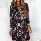 Autumn O Neck Hollow Out Fashion Print Loose Casual Midi Dresses Women Long Sleeve Elegant Dress Vestidos De Fiesta Robe-Outfit