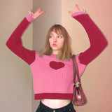 Cartoon Female Sweater Contrast Spliced Pullover Mock Neck Crop Tops Korean Fashion Streetwear Sweet Outfit