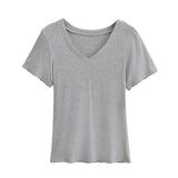 Trend Women's Wear Pure Wind Summer Drooping Feeling Shoulder Waist V-Collar Short Sleeves Thin T-Shirt Plain Color Simple Blouse-Outfit