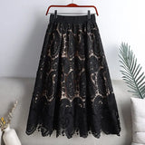 Retro Flower Print Hollow Lace Skirts Elegant High Waist Midi A-line Long Skirt QT1473-Outfit