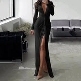 Woherb New Solid Color Dress Summer Fashion Sexy Slit V Neck Long Sleeve Solid Slim Pleated Skirt Dress-Outfit