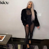 Kliou Mesh Plaid Sheer Jumpsuit Women 2021 Turtleneck Streetwear Sexy See Through Skinny Midnight Clubwear One Piece