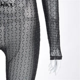 Kliou Mesh Plaid Sheer Jumpsuit Women 2021 Turtleneck Streetwear Sexy See Through Skinny Midnight Clubwear One Piece