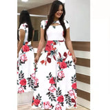 Summer New Elegant Women's Maxi Dress Bohmia Casual Flower Print Robe Fashion Hollow Out Ladies Short Sleeve Dress