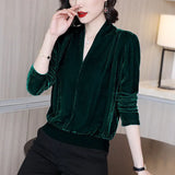 Winter Velvet V-neck Oversized Solid Pullovers Ladies Casual Fashion Simple Top Women Long Sleeve All-match Jumper Coat-Outfit