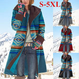 Warm Woolen Coat 2020 Winter Vintage Print Hooded Long Coat Casual Turn Down Collar Button Fleece Female Cardigan