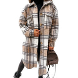 Women Plaid Long Coat Casual Turn Down Collar Thick Oversize Jacket Fashion Single-Breasted Warm Female Long Shirt