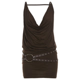 Woherb 2024 New Women's Versatile Fashion Silver Belt Decoration Brown Tight Dress-Outfit