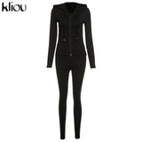 Kliou autumn new women hooded zipper pocket long sleeve tops sporty leggings matching set workout bodycon casual stretchy